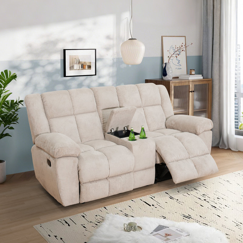 Ensemble de canapé inclinable manuel 2 pièces avec porte-gobelets et table basse - Velours côtelé moelleux, Beige