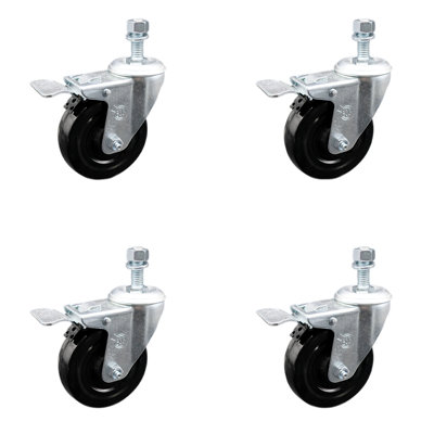 4 Inch SS Hard Rubber Swivel 3/8 Inch Threaded Stem Caster Set Total Lock Brake