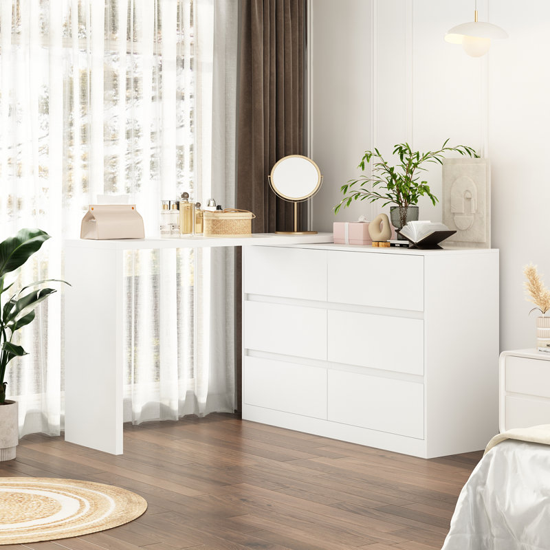 Rotating L-Shaped Computer Desk With 6-Drawer Storage, White