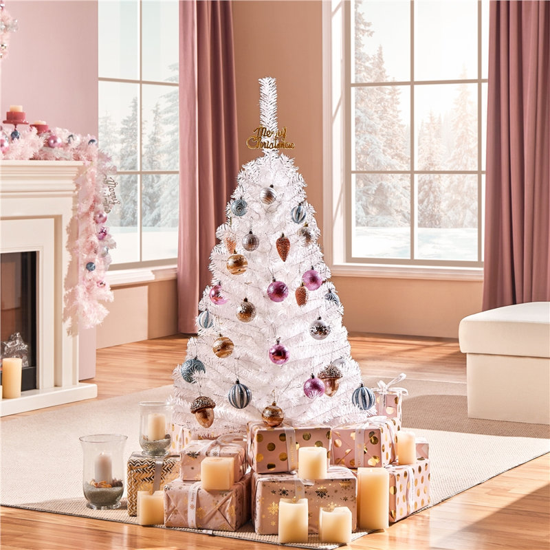 Sapin de Noël artificiel illuminé 4 pi avec base pliable, Blanc
