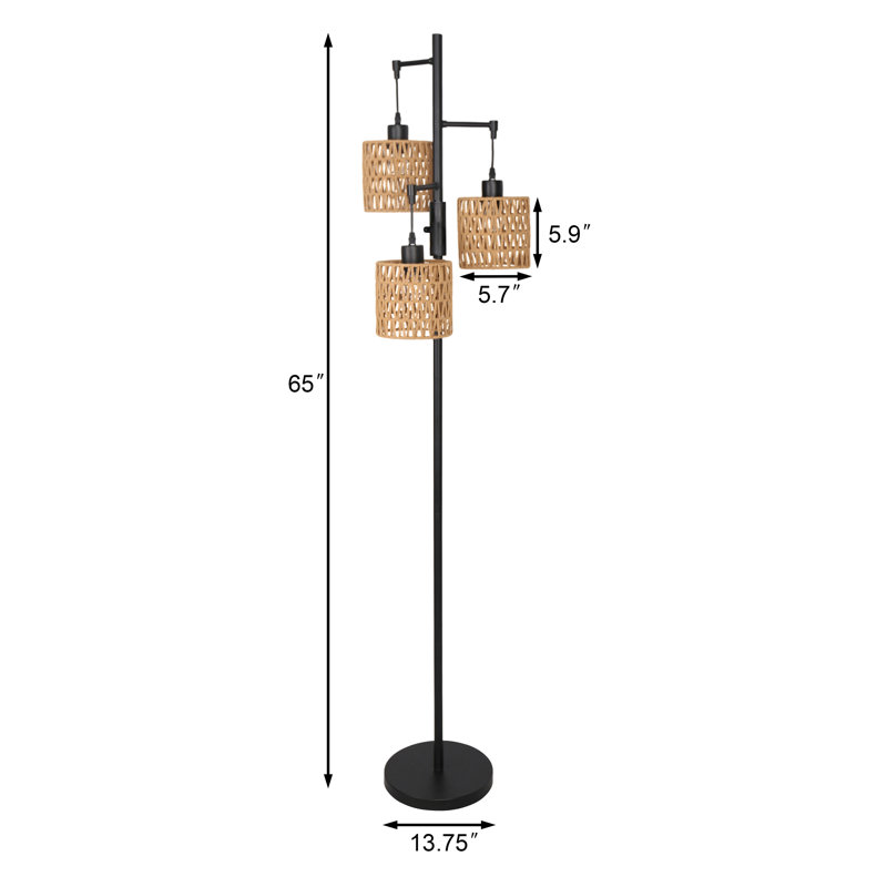 Asiel 65'' Dimmable Black Industrial Tree Floor Lamp with 3 Bulbs Included