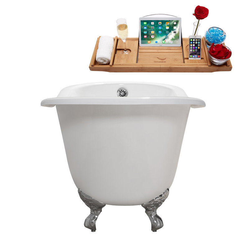 Baignoire de trempage sur pattes 61 "avec drain, pattes et plateau en bambou 61" Streamline, Chrome poli, Chrome poli