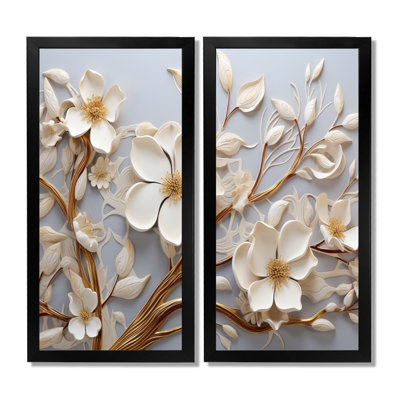 Orchidée blanche jardin de branches - art mural floral abstrait pour le salon, ensemble de 2 impressions sur toile florales jaunes