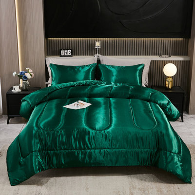 Satin Comforter Set King Silk Like Satin Bedding Set Luxury Hotel Silky Bed Home Deocr Sexy Silky Down Comforter Blackish Green Bed Sets 3 Pcs