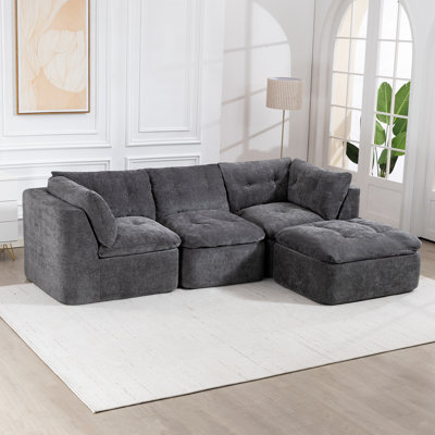 Modern Cloud-Style Living Room Sofa, Deep Seat Convertible L-Shaped Frame-Free Sofa, Oversized Comfortable 4-Seater Chenille Fabric Compressed Sofa, Modular Sectional Sofa