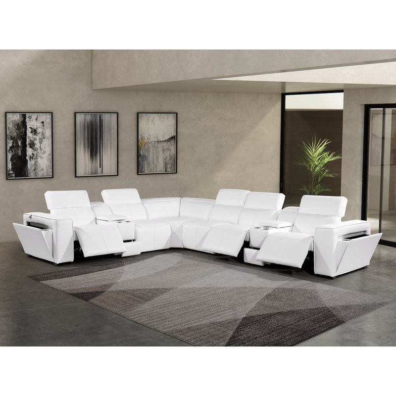 Top Grain Italian Leather 8-Piece L-Shaped Modular Power Reclining Sectional With 3 Power Recliners & Power Headrests