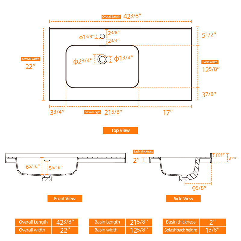 42 Inch Solid Surface Bathroom Vanity Top with Left SIde Integrated Sink, Bright White 2" Thick Modern Countertop, 1.38" Rear Backsplash, Smooth Edge Design, Waterproof & Easy Install