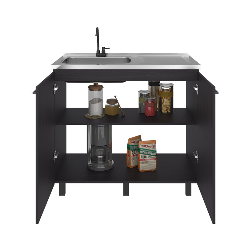 Évier utilitaire complet avec robinet, base autoportante et tablette intérieure, noir et noyer foncé, pour garages et ateliers, hauteur 87,4 cm (34,41 po), robinetterie moderne interchangeable, compatible avec toutes les pièces.