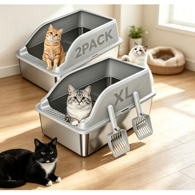 Paquet de 2 bacs à litière pour chat en acier inoxydable XL avec couvercle à côtés hauts, bac à litière en métal anti-fuites, anti-rayures, anti-rayures et résistant aux odeurs, comprend une pelle à litière facile à nettoyer