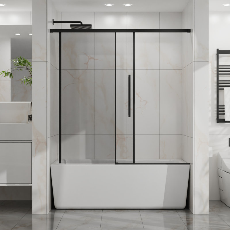 Semi - Matte Black Sliding Shower Door, 1/4" (6mm) Thick Tempered Glass, Adjustable Width 56" 60", Smooth Sliding, Splash Proof 60" Adjustable，semi ，sliding Bathtub Door，6mm Clear Glass，splash