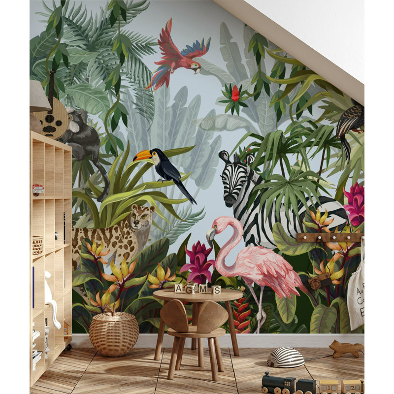 Tropical Safari Wall Mural Zebra Jungle Wallpaper, 75" L x 112" W