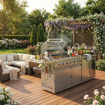 Barbecue de cuisine extérieur 84 po avec 5 brûleurs 75300, comptoirs en granite et tablette latérale pliable pour évier polyvalent en acier inoxydable, contrôle rétroéclairé à DEL