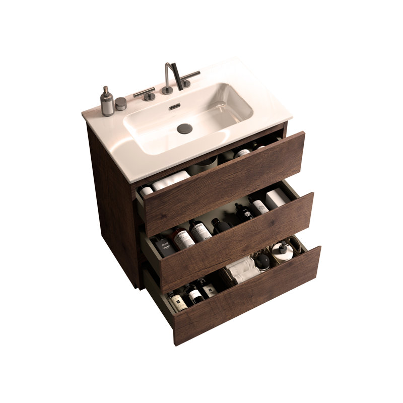 30" Walnut Bathroom Vanity with Sink with 3 Faucet Holes, Large Storage Freestanding Bathroom Vanity for Bathroom