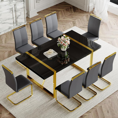 Ensemble de table de salle à manger moderne de 71 po pour 8 personnes, table de salle à manger blanche et cadre en métal doré, table de salle à manger rectangulaire avec 8 chaises rembourrées. Ensemble de table de salle à manger pour la cuisine et la salle à manger.