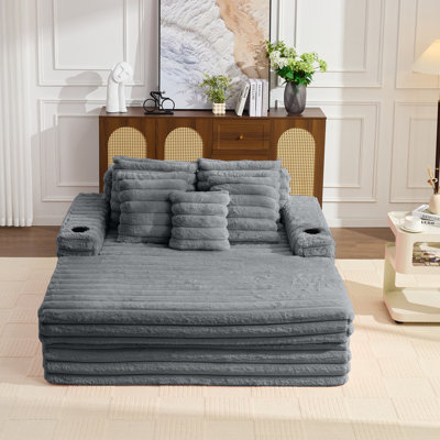 Canapé-lit 61 po en velours côtelé gris, sans assemblage, siège profond avec coussins et accoudoirs