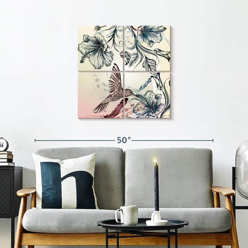 Brampt Hummingbird And Hibiscus Blooms, 26" H x 26" W