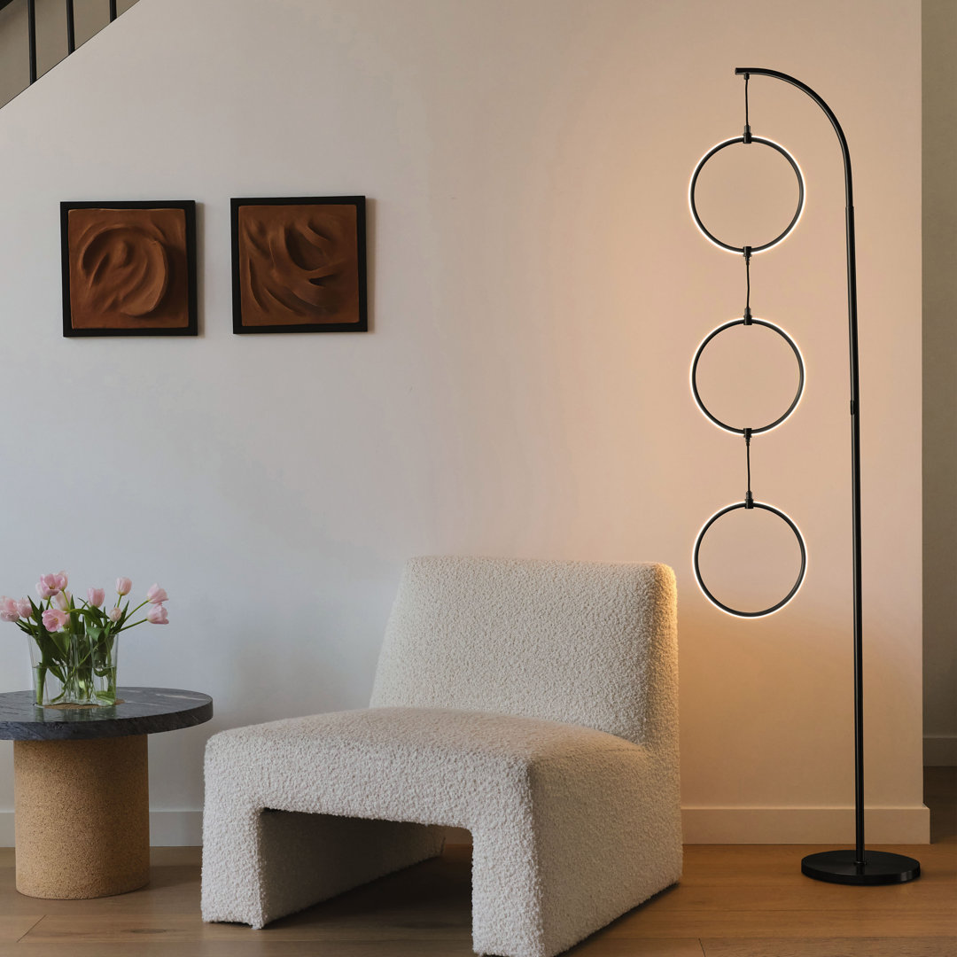 Nova 74 in. Industrial Arched Standing Modern Floor Lamp with Novelty Hanging LED Halos and Built-In 3-Way Dimmer - Integrated Energy-Saving LED Light Brightech Base 