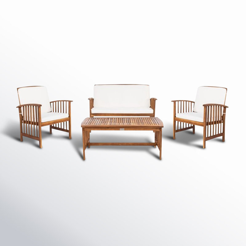 Delosreyes Acacia 4 - Person Patio Conversation Set with Cushions, Natural Frame/Beige Cushion