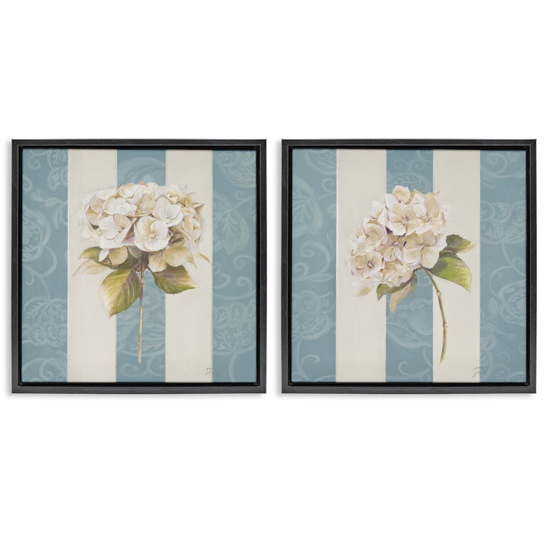 Hydrangeas on Blue Strips, ensemble de 2 toiles flottantes encadrées par Patricia Pinto, Cadre flottant noir de jais