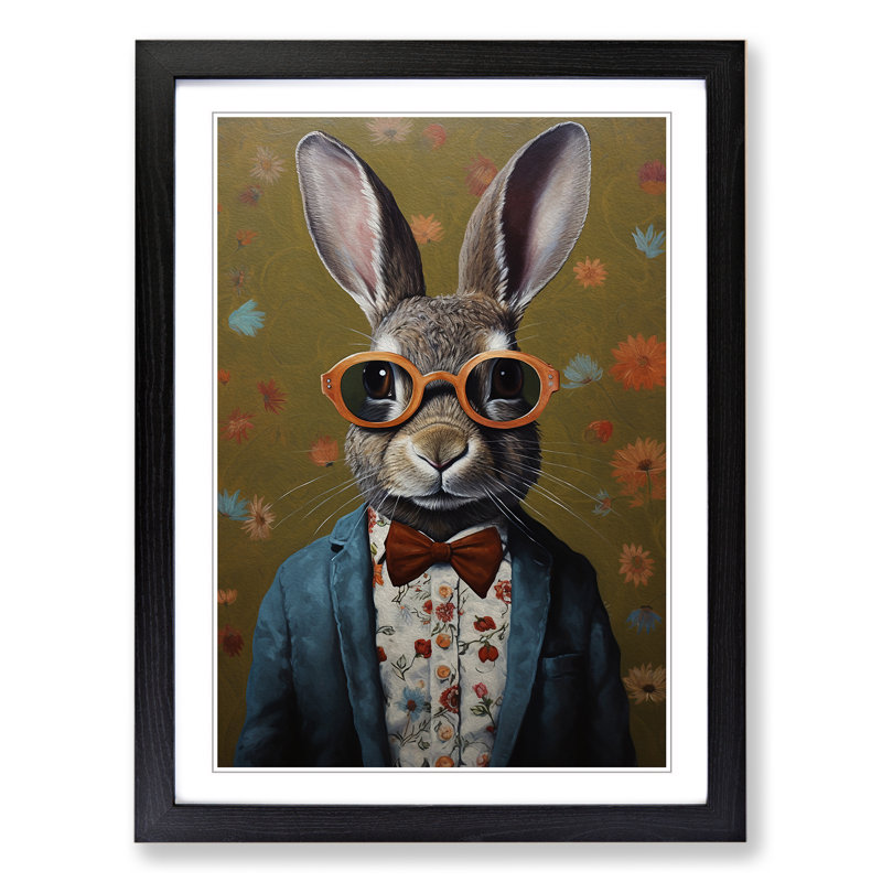 Rabbit With Glasses No.2 - Framed Print, 64cm H x 46cm W x 2cm D, Black Framed