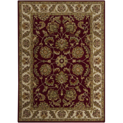 Bartz Authentic Hand-Tufted Handmade Multi-Color Floral Design on Burgundy Wool Traditional Area Rug