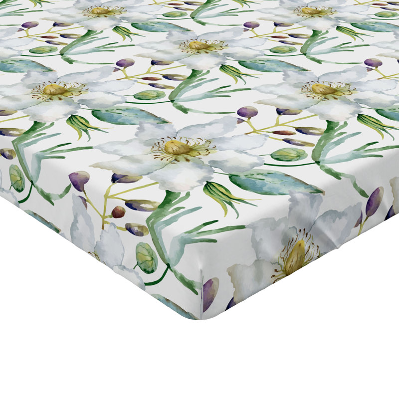 Drap-housse Ambesonne, Drap-housse de taille simple, Prune et blanc / motif floral vert laurier