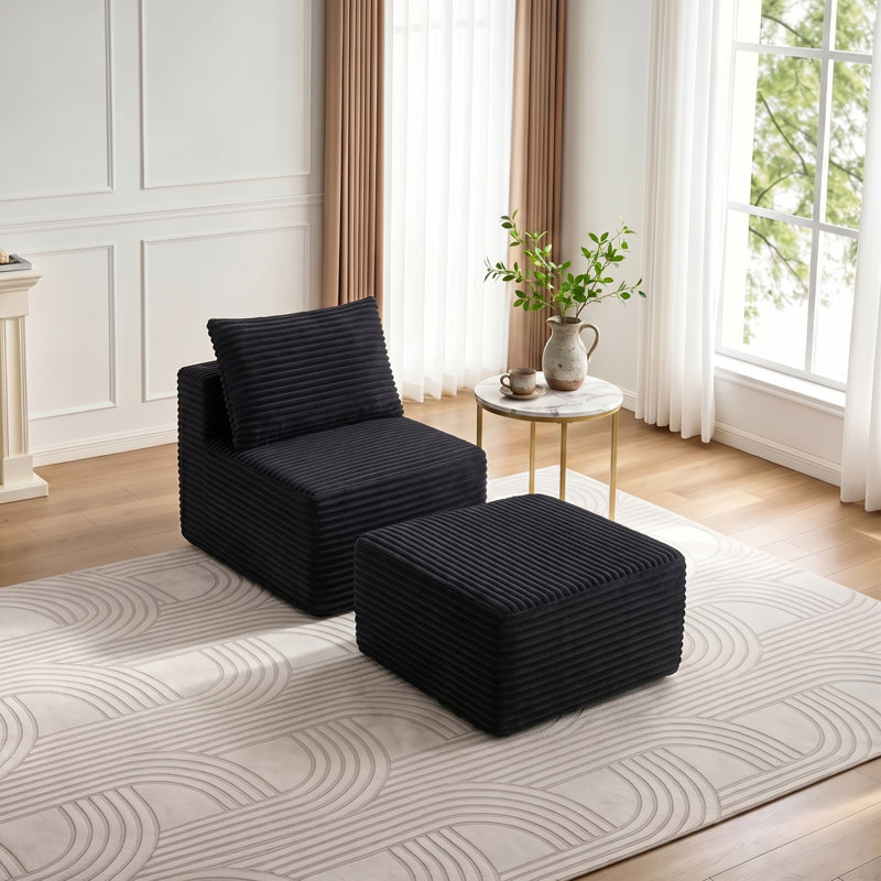 Armless Bean Bag Chair & Lounger Fireside Chair, Mid Century Foam Chair, Black Corduroy