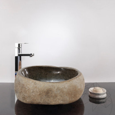 Lavabo de salle de bain vasque circulaire en pierre grise avec trop-plein