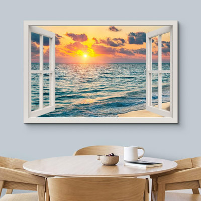 Fenêtre de paysage «Vue de la fenêtre Neon Sunset Sky Tropical Island Ocean Nature Scenic Landscape» sur