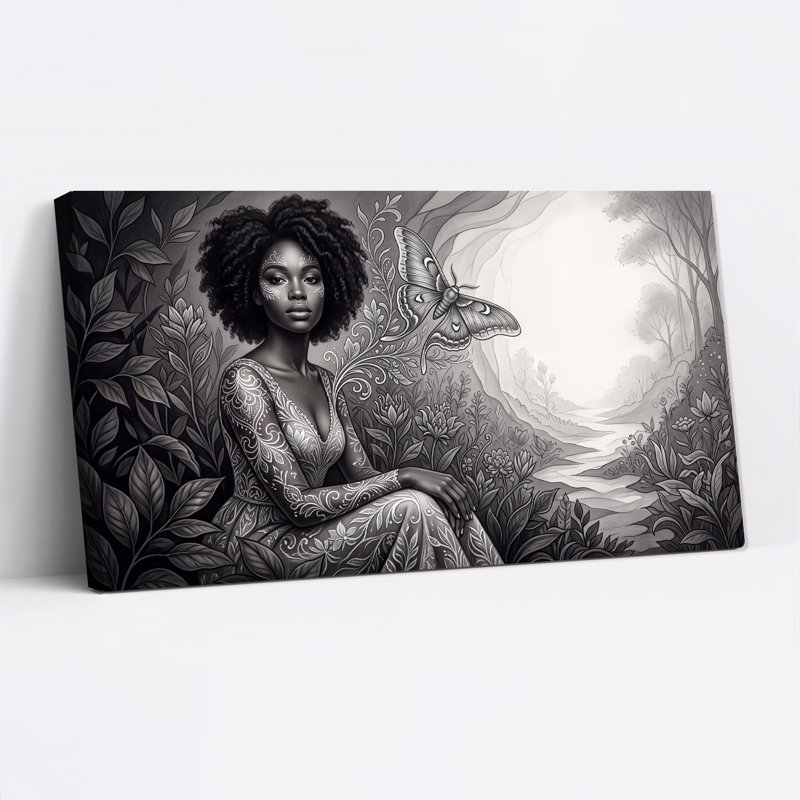 «Woman with Floral», art mural sur toile Forêt noire et blanche, L 20 po x H 10 po