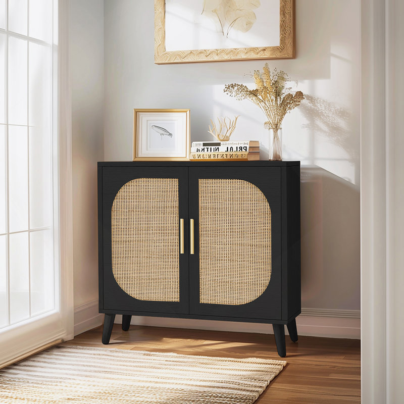 Buffet de ferme durable avec rangement cloisonné et portes en rotin pour une vie organisée, Noir / Beige