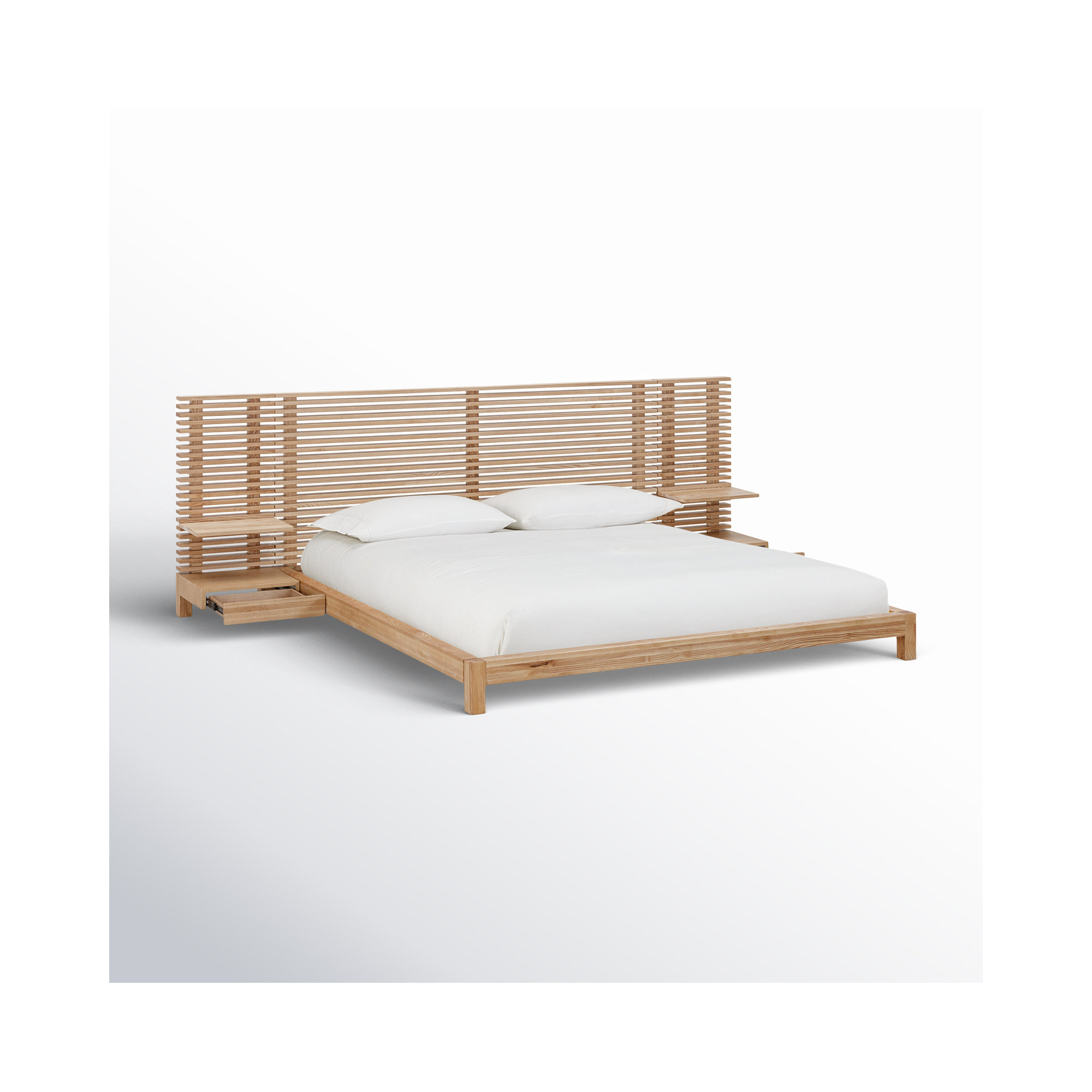 Finnian Solid Wood Panel Storage Bed, Queen, Light Oak