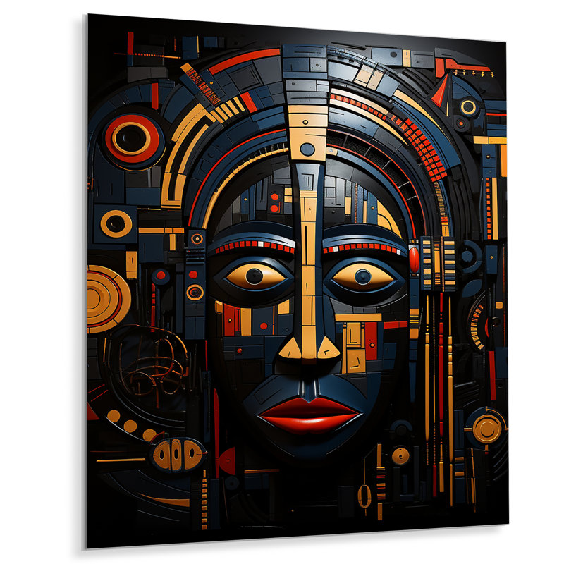 Indigène tribal masque jaune bleu - masque africain, Métal métal, H 32 po x l 24 po x P 1 po
