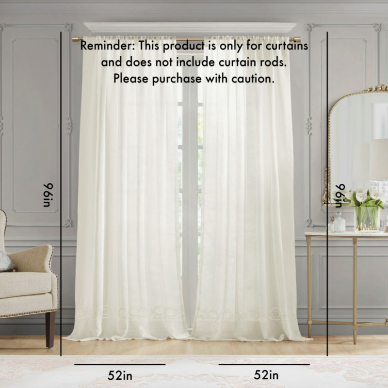 Panneau de rideau brodé (seulement 1 panneau PC), Blanc, L 52 po x L 96 po