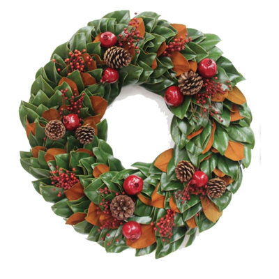 American Plant Exchange Live Fresh Cut Wreath - Christmas Traditions – 18-Inch Handmade Magnolia, Pomegranate, Pinecone, and Red Berry Holiday Door Décor