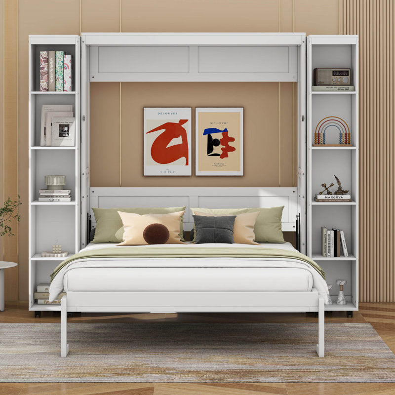 Queen Murphy Bed Wall Bed with Dual Push-Pull Foldable Cabinets, White