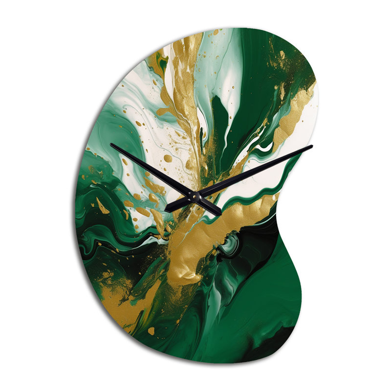 «Green» et «Magic» liquide vert II - horloge murale asymétrique moderne en métal, impression d'horloge murale de forme irrégulière