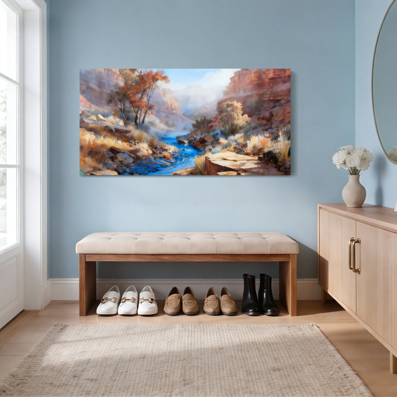Tableau sur toile tendue représentant un paysage de ruisseau dans un canyon désertique, H 20 po x l 40 po