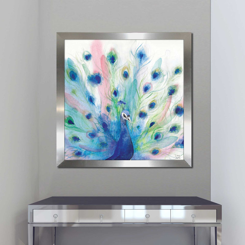 «Peacock Glory IV (Square)» par Dina June, reproduction, Encadrement argenté, H 31,5 po x l 31,5 po x P 1 po