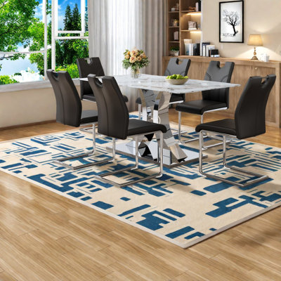 Ensemble de table de salle à manger moderne en acier inoxydable, plateau en verre trempé avec 6 chaises ergonomiques, conception peu encombrante