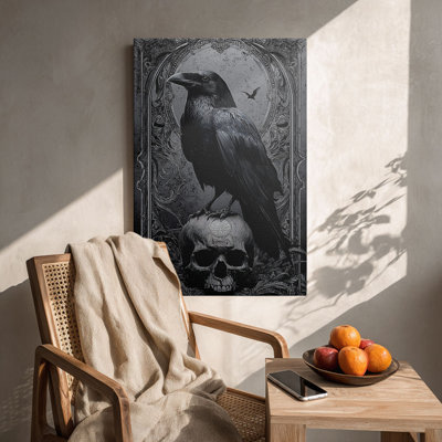 Cadre tendu en toile sombre gothique «Raven on Skull» pour Eclectic Studio