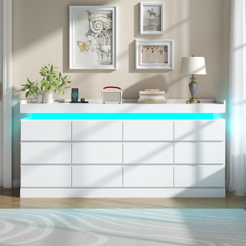Commode 12 tiroirs pour chambre à coucher avec prise de courant, lumière DEL, Blanc