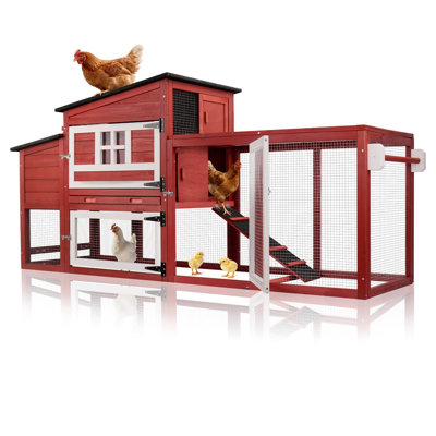Chicken Coop for 4-6 Chickens with Run and Nesting Box Large Wooden Backyard Hen House with Waterproof Roof, Red