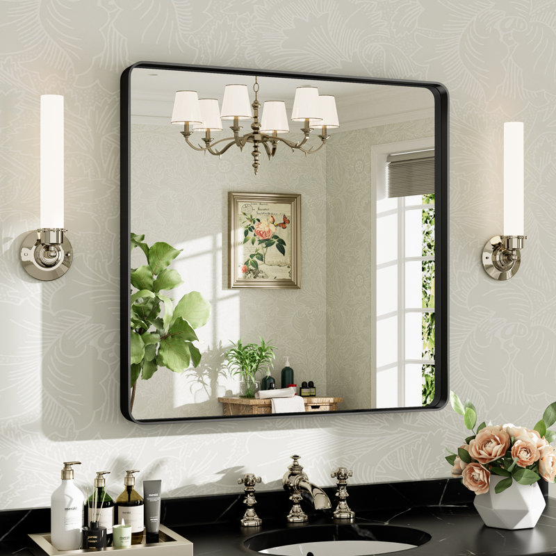 Miroir de salle de bain mural Llesenia, 30 po x 30 po, Noir mat, Carrée