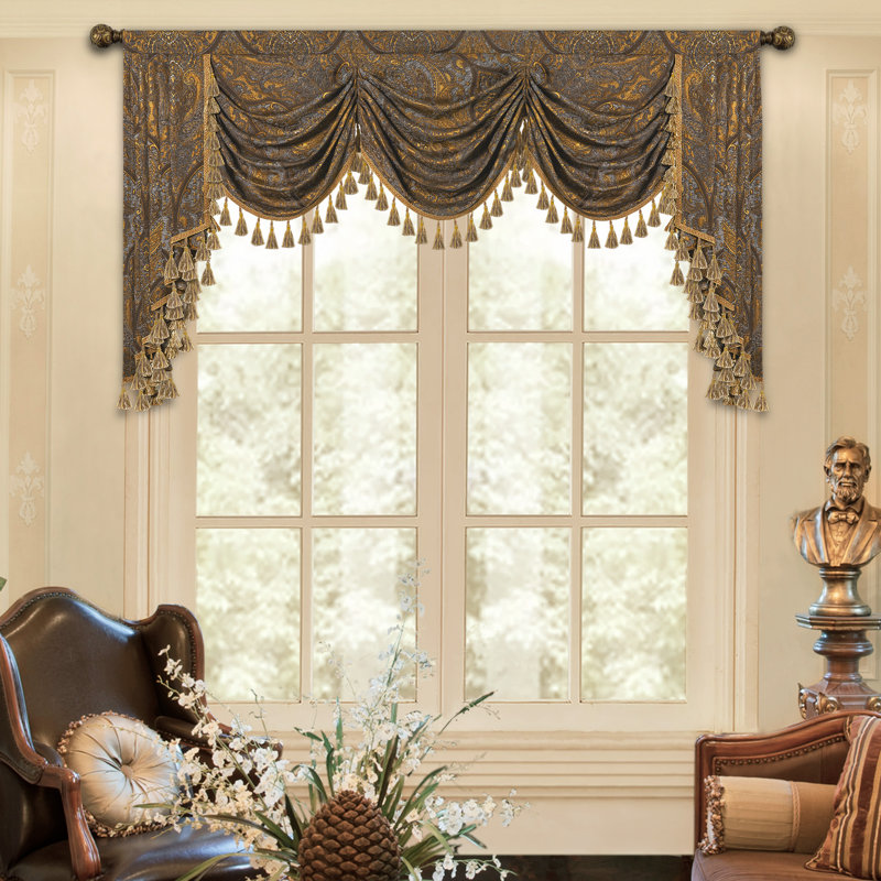 Classic Swag Valance with Tassels, Bronze Jacquard Waterfall Valance, 79" Window Treatment 1 Panel, 79" W x 45" L