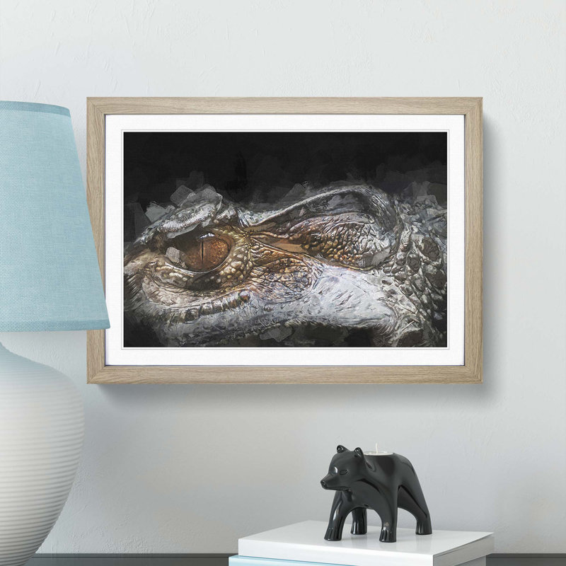 Alligator Watchful Eye in Abstract - Picture Frame Graphic Art Print, 62cm H x 87cm W x 2cm D, Oak Framed