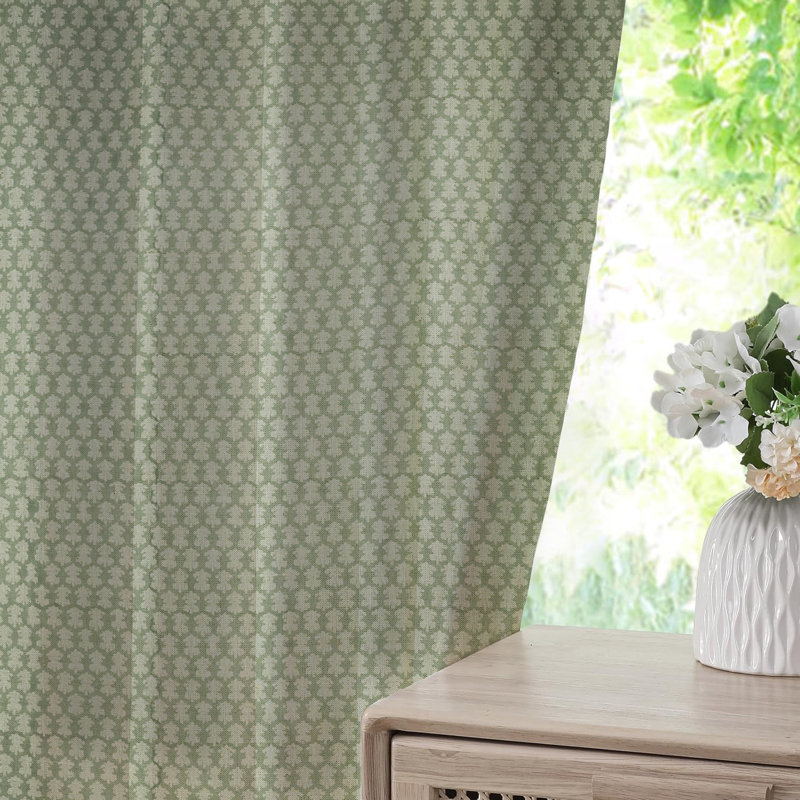 Fabdivine Green Pinch Pleated Curtain Thick Linen Hook Drapes 27x108 Inches Hand Block Print for Home Decorative, Farmhouse, Summer or Spring 2 Panel Set Curtains Floral Pattern, Blackout, Traz