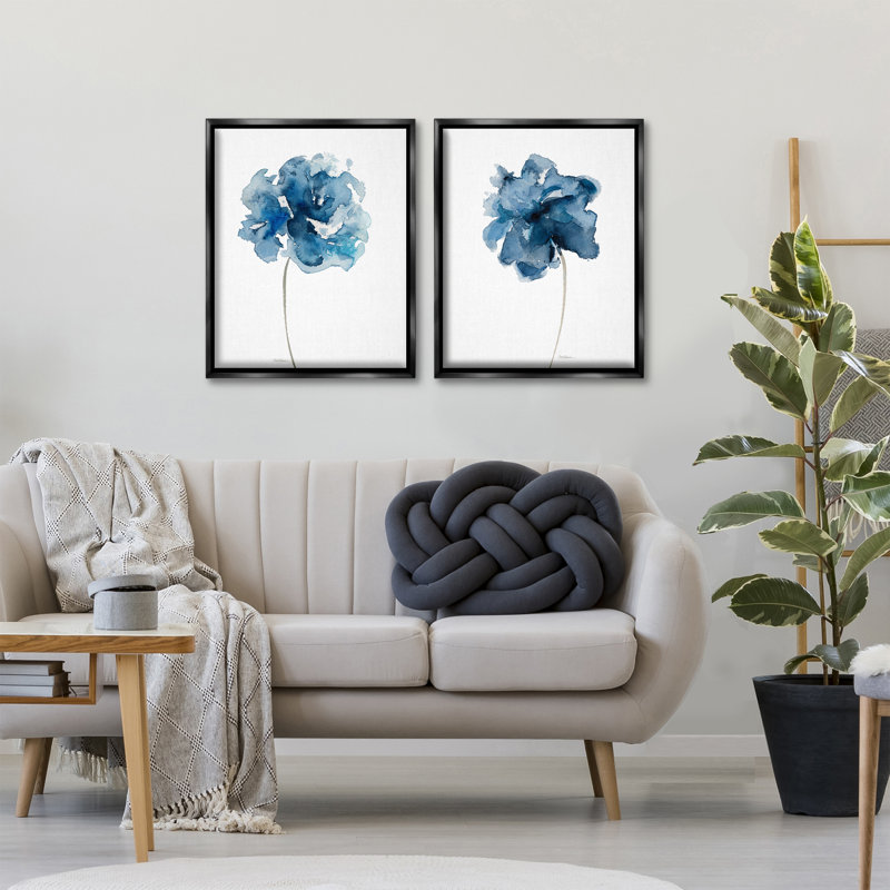 Ensemble de 2 toiles flottantes abstraites à motif de fleurs simples bleues, design par Carol Robinson, H 21 po x l 17 po