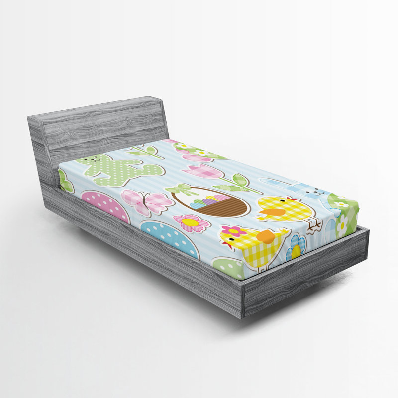 Drap-housse Ambesonne, paquet de 2, Drap-housse de taille simple, Bleu ciel / jaune / rose rayé / pois / guingan