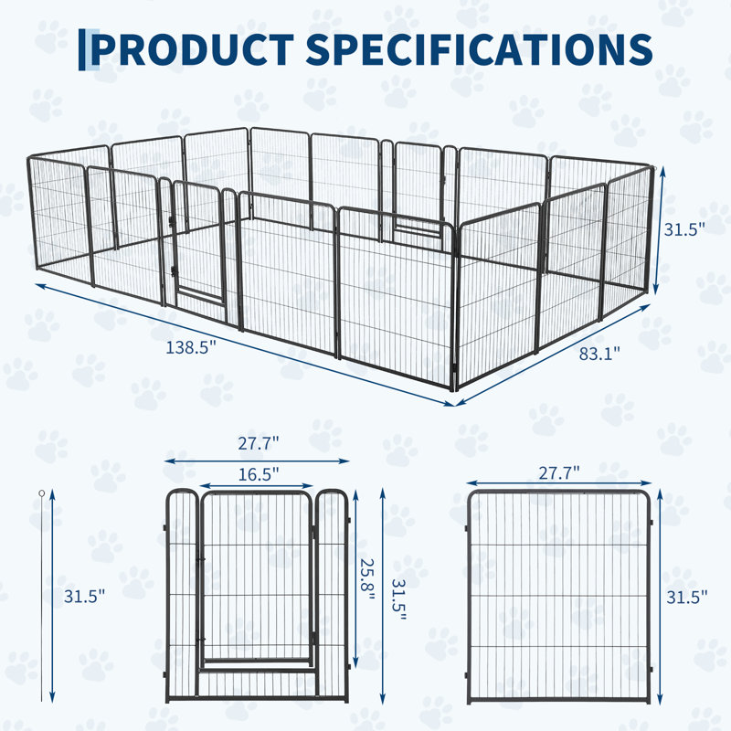 Parc pour chien en métal robuste avec porte - enclos d'exercice pliable à 16 panneaux pour une utilisation à l'intérieur - installation sans outil, fermeture sécuritaire, résistant à la rouille - noir - 16 pièces, 27,7 po x 31,5 po